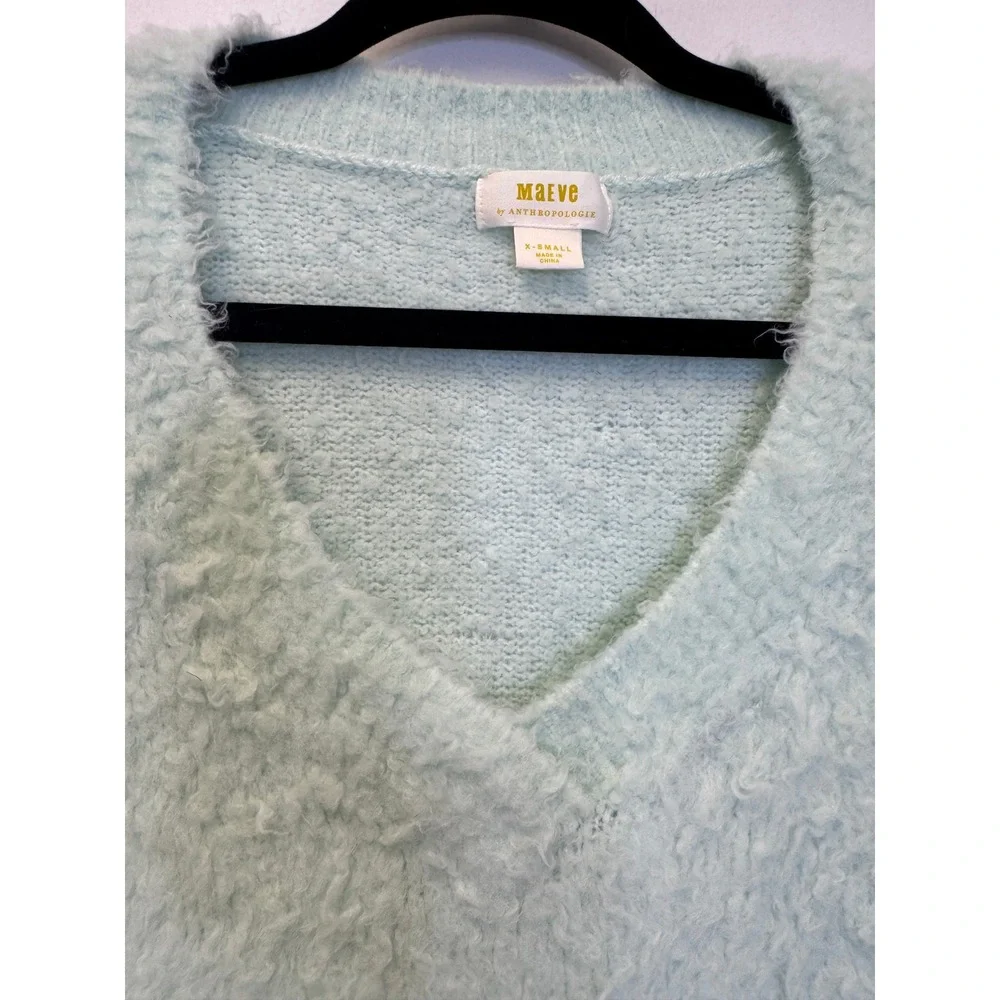 Maeve Anthropologie Mint GreenFuzzy V-Neck‎ Merino Wool Blend Sweater XS